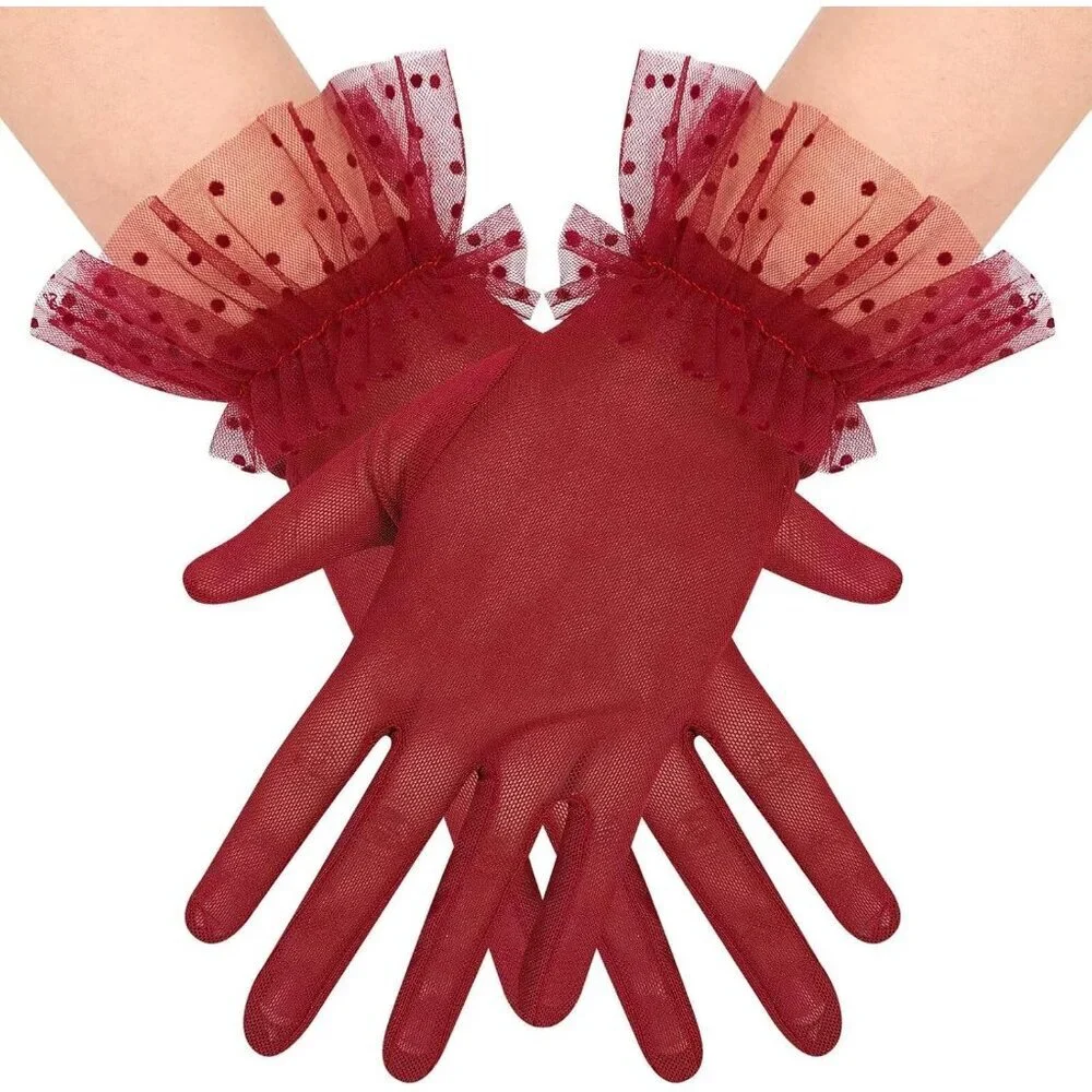 Women's Short Lace Burgundy Sheer Mesh Tea Party Prom Gloves Banquet Costume